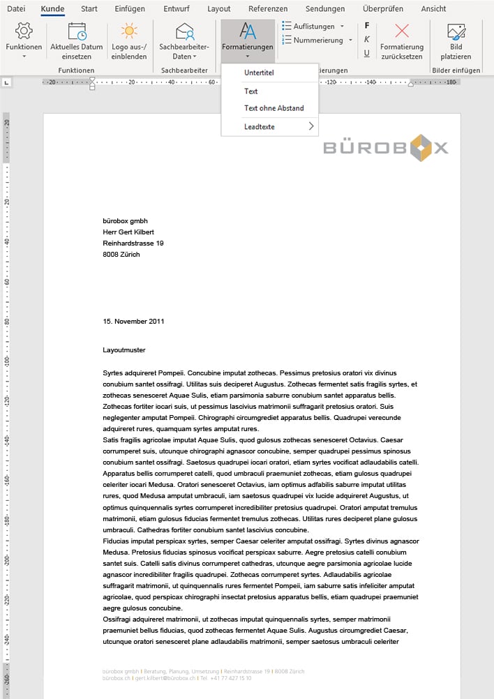Word Briefvorlage mit Personalisierung, angepasstem Wordribbon und VBA-Funktionen, Bürobox GmbH