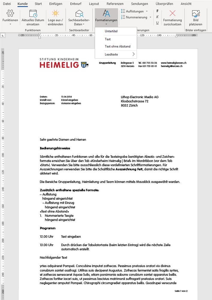Word Vorlagen und Templates für Berichte sowie interne Dokumente des Kinderheims Heimelig